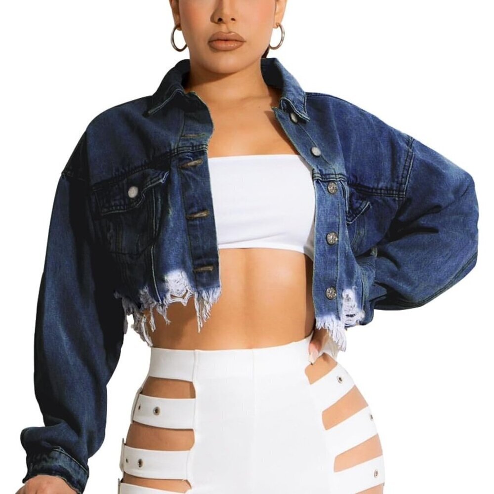 Women's Cropped Jean Jacket Button Up Long Sleeve Ripped Denim Jacket Dark Blue